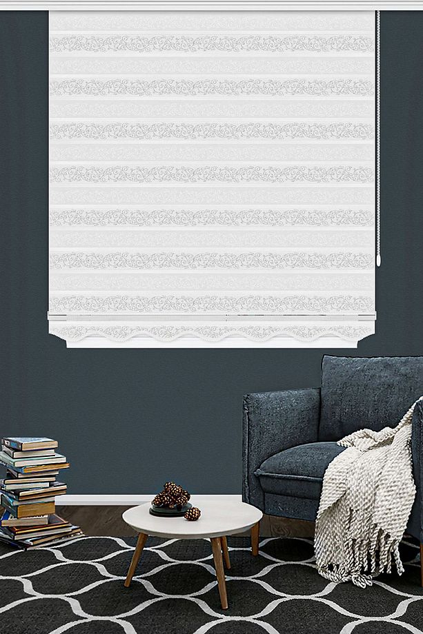 Jakarlı Zebra Perde Beyaz Gümüş Simli Etek Dilimli 4050 V01 Lüx Seri - 3
