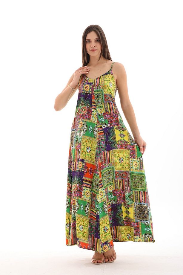 Patchwork Düz Askılı Viskon Elbise - 1