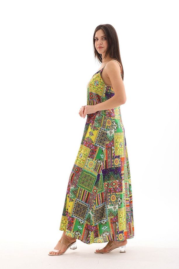 Patchwork Düz Askılı Viskon Elbise - 5