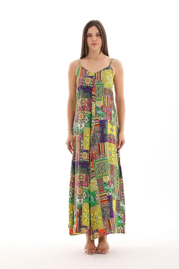 Patchwork Düz Askılı Viskon Elbise - 3
