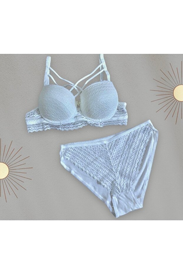 Women's White Lace Padded Underwire Supported Bra Panty Underwear Set