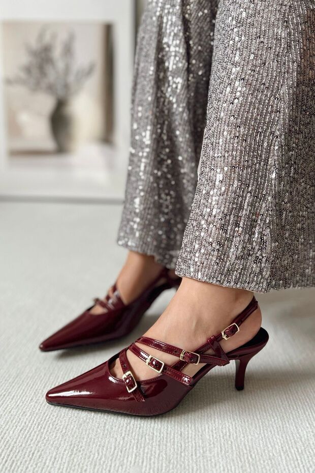 Obsession Triple Pointed Toe Three-Striped Buckle Burgundy Patent Leather Heeled Cherry Red Women's Shoes