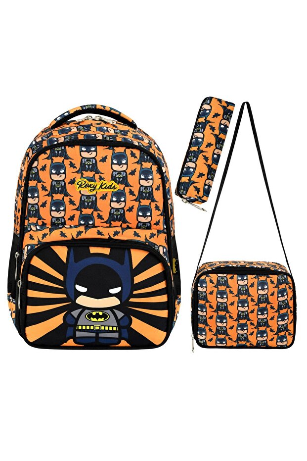 Batman Patterned Primary School Bag and Thermal Lunchbox Set