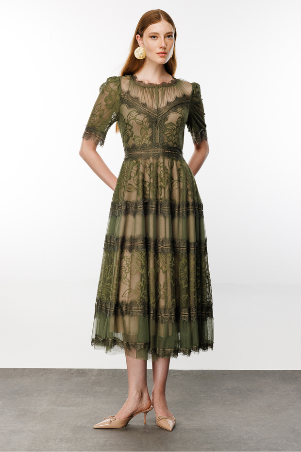 Dantel Detay Yeşil Elbise - 1