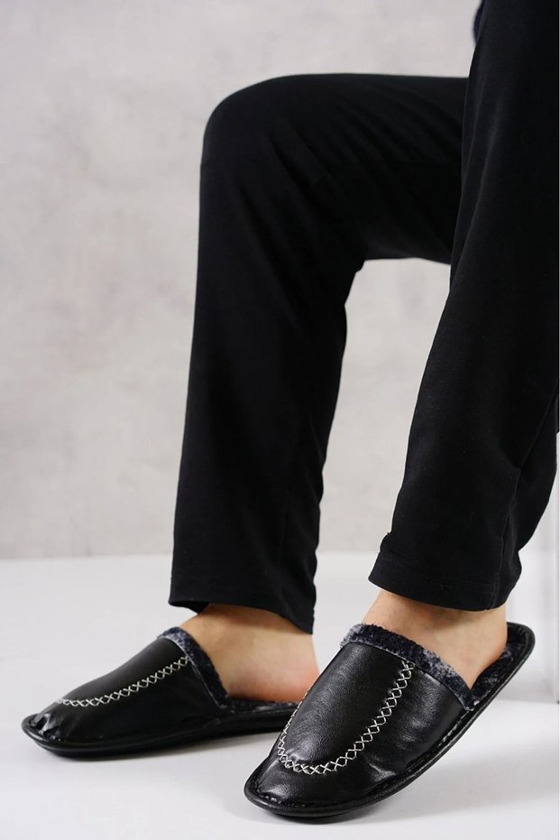 Men's Black Leather Look Soft Sole Slippers