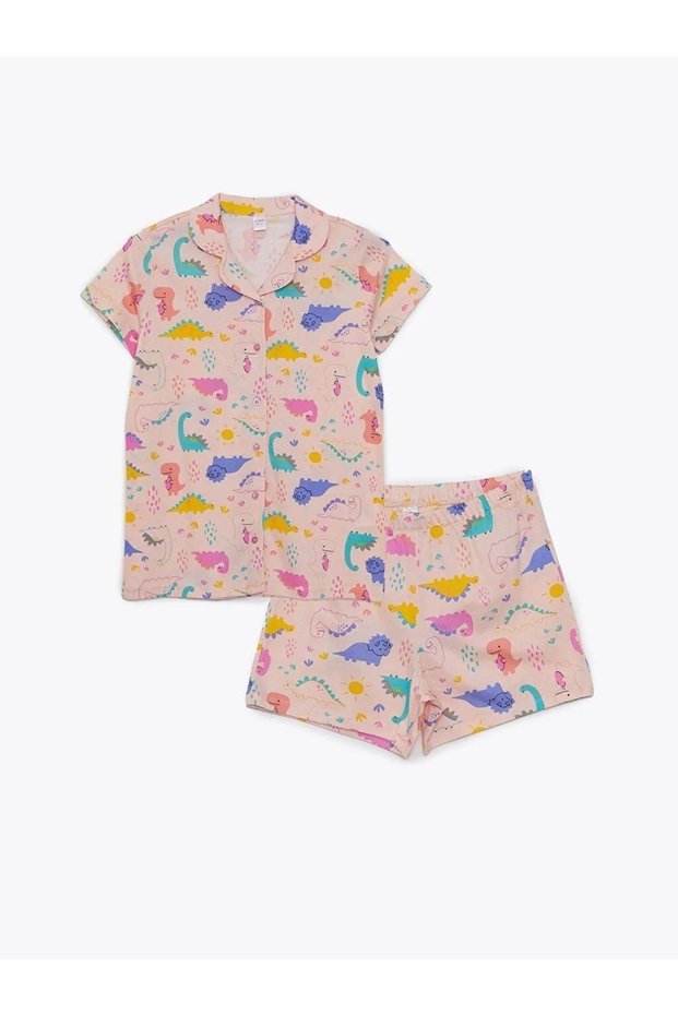 LCW Kids Shirt Collar Print Short Sleeve Girl's Pajamas Set with Shorts