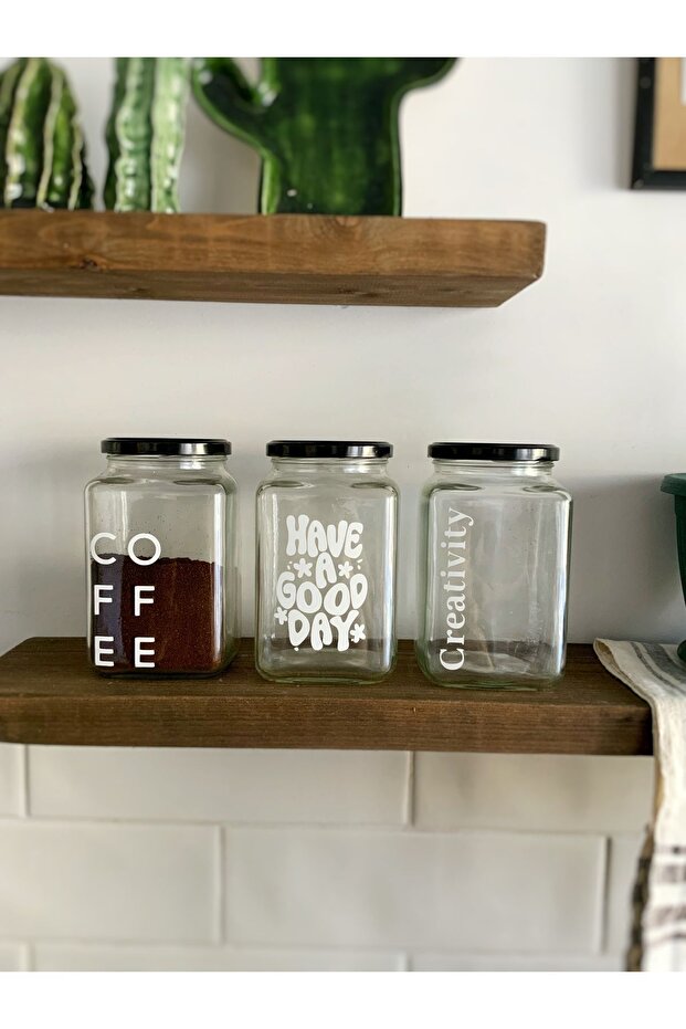 Glass 3-Piece Decorative Erzak Coffee Tea Sugar Jar 1000 Cc Coffee Labeled Jar Set