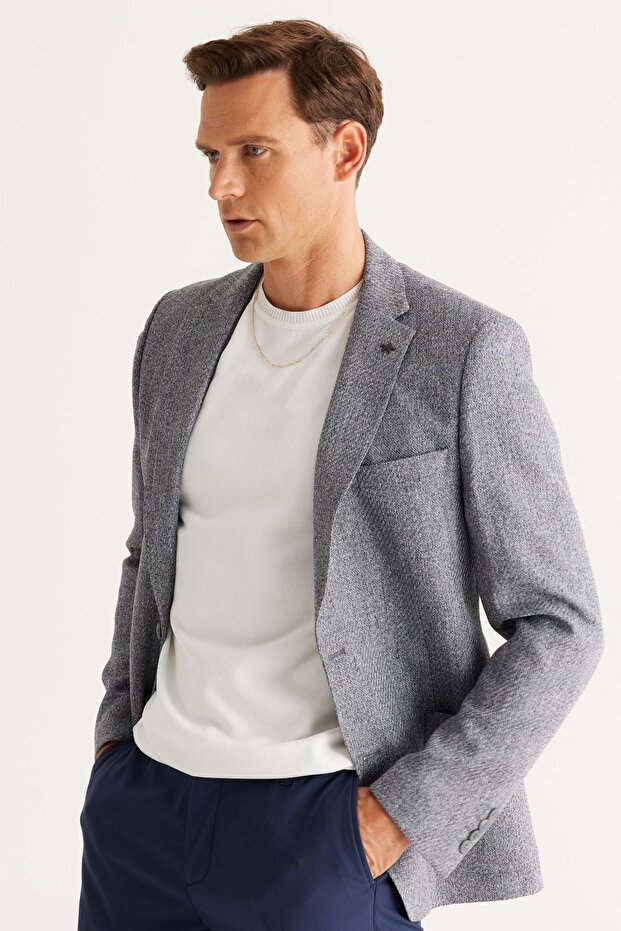 Erkek Antrasit Slim Fit Dar Kesim Mono Yaka Desenli Blazer Ceket - 2