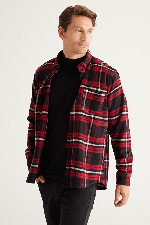 Erkek Bordo-siyah Comfort Fit Rahat Kesim Düğmeli Yaka Ekose Desenli Flanel Gömlek - 5