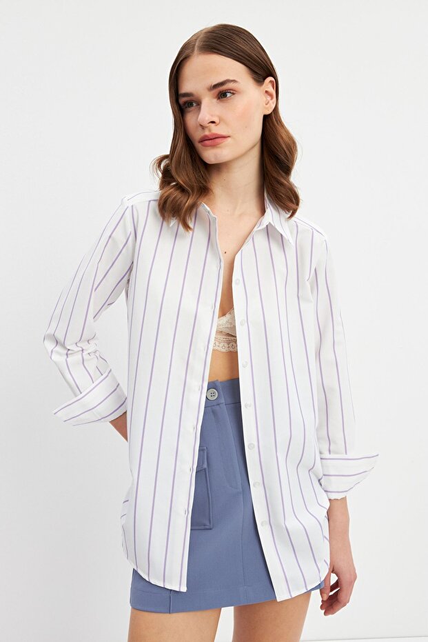 Lila Çizgili Basic Gömlek - 1