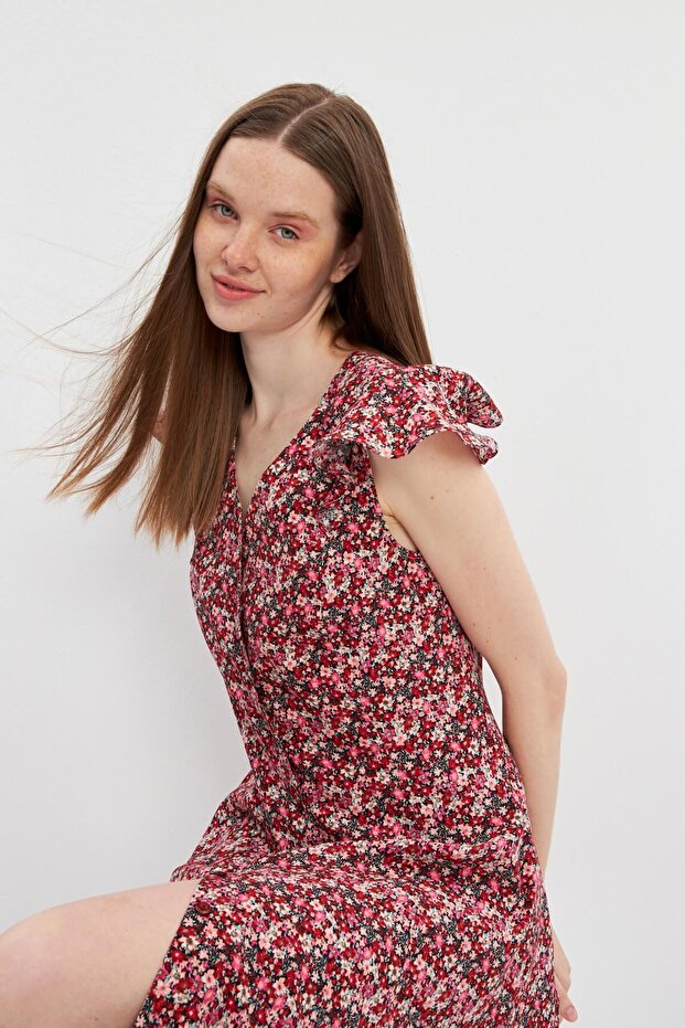 Kırmızı Volanlı Kuplu V Yaka Midi Elbise - 3