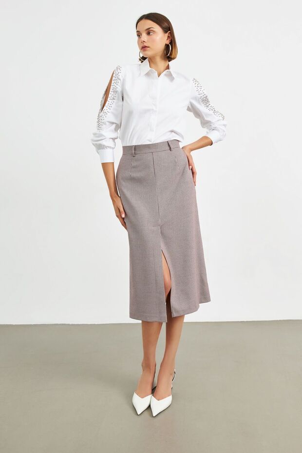 Burgundy Gingham Slit Midi Pencil Skirt