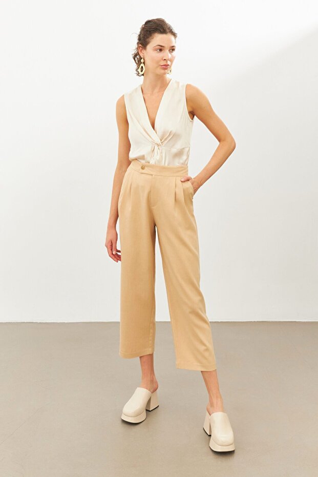 Beige High Waist Pleated Trousers