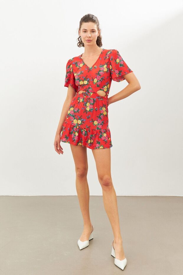 Red V-Neck Half Sleeve Mini Dress