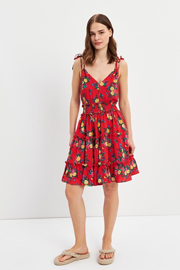 Red Strappy Ruffled Ruched Midi Dress