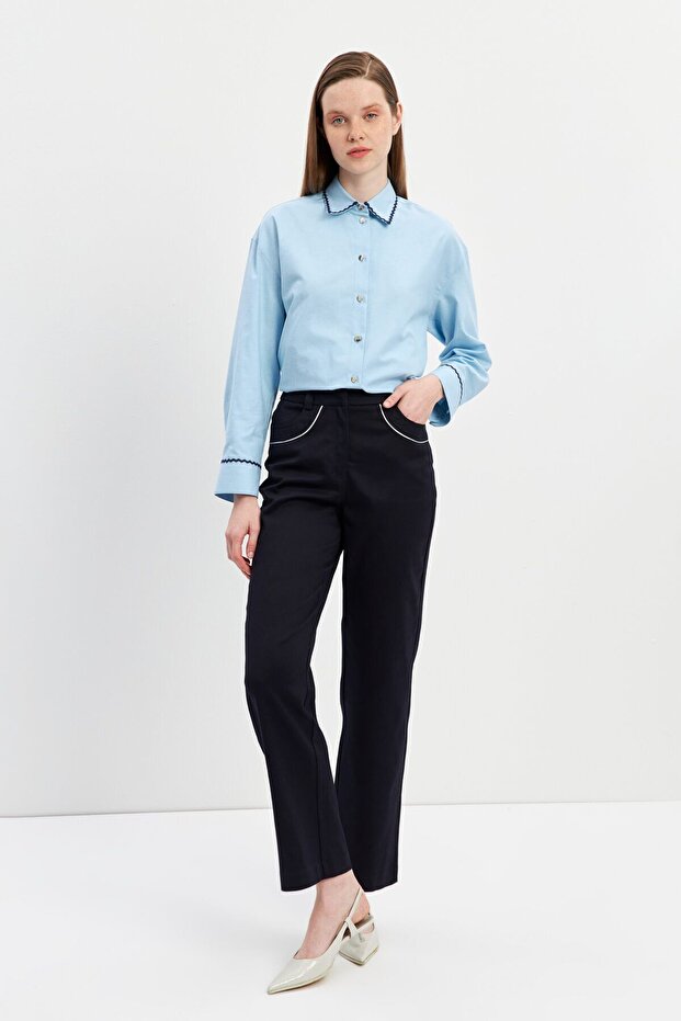 Navy Blue Stripe Detailed 5-Pocket Gabardine Trousers