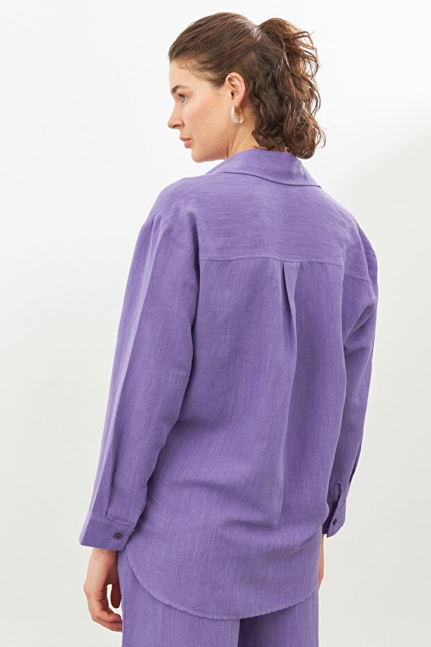 Mor Keten Oversize Gömlek - 7