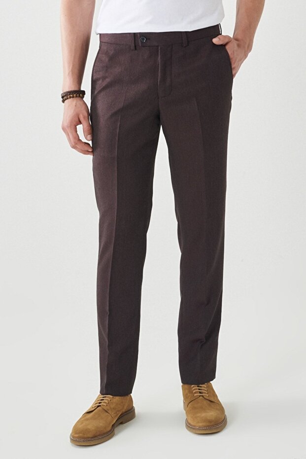 Erkek Bordo-gri Yünlü Ekstra Slim Fit Dar Kesim Mono Yaka Su Ve Leke Tutmayan Nano Takım Elbise - 4