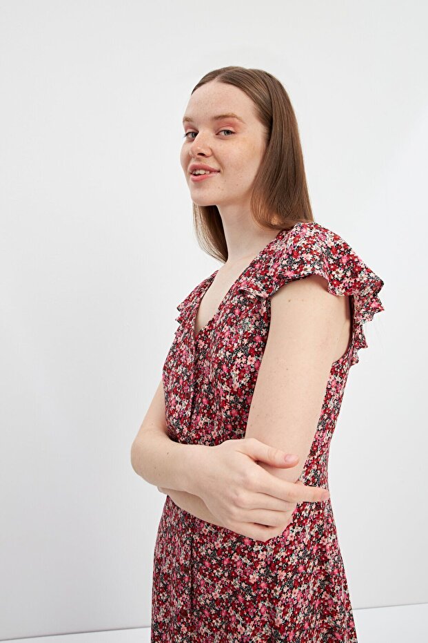 Kırmızı Volanlı Kuplu V Yaka Midi Elbise - 6