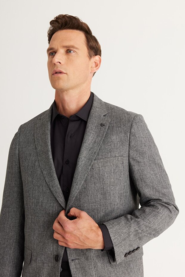 Erkek Antrasit Comfort Fit Rahat Kesim Mono Yaka Desenli Blazer Ceket - 2
