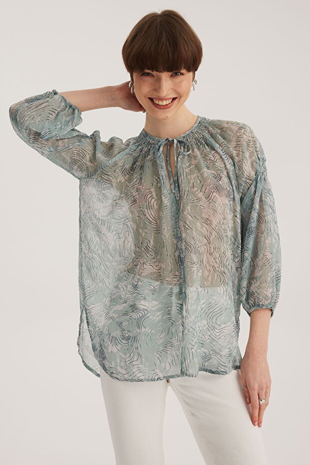 Blue Lacing Detailed Raglan Sleeve Round Neck Blouse