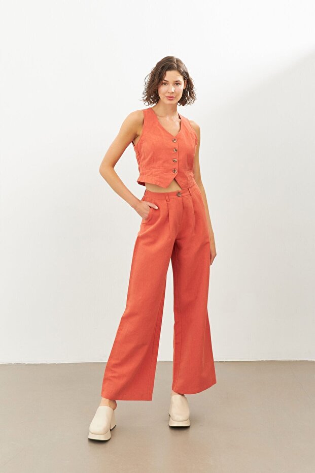 Tile Linen High Waist Wide Leg Pants