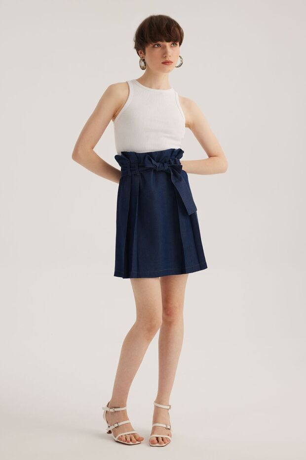 Blue High Waist Pleated Denim Skirt