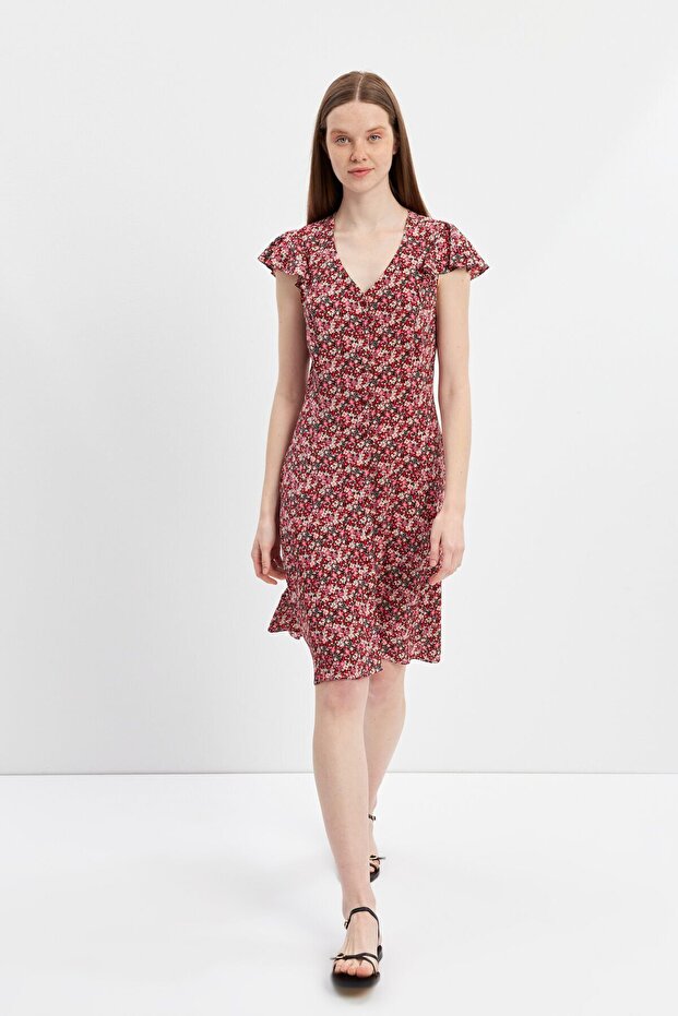 Kırmızı Volanlı Kuplu V Yaka Midi Elbise - 1