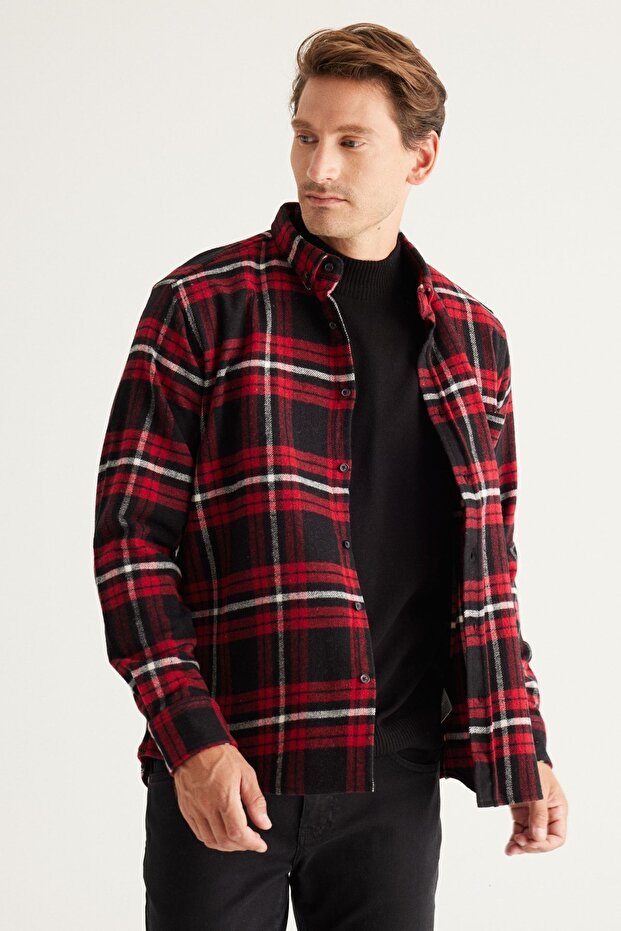 Erkek Bordo-siyah Comfort Fit Rahat Kesim Düğmeli Yaka Ekose Desenli Flanel Gömlek - 4