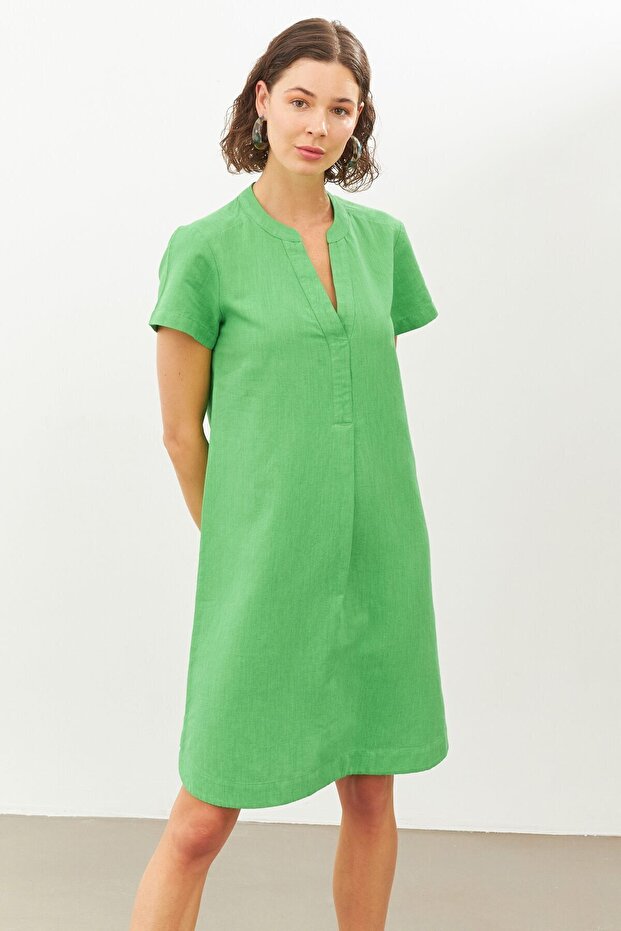 Green Linen Half Sleeve Midi Dress