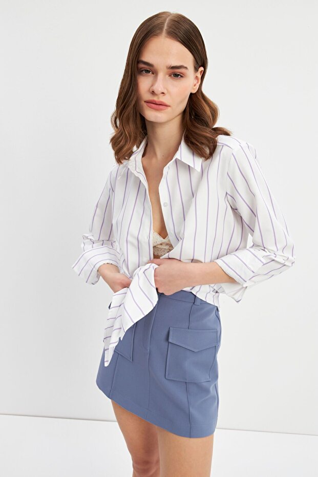 Lila Çizgili Basic Gömlek - 7