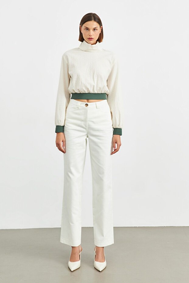 Cream 5 Pocket High Waist Pipe Leg Trousers