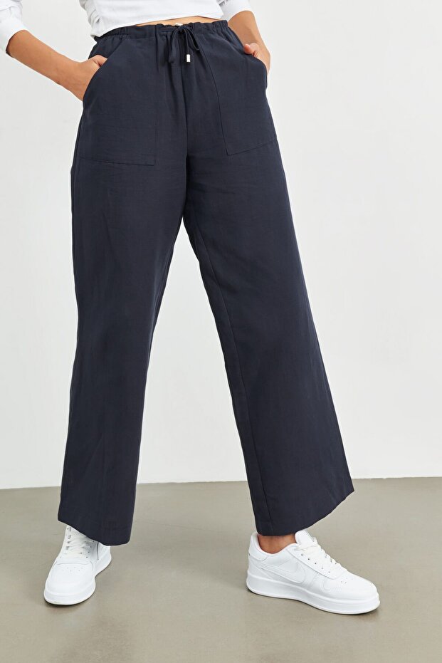 Μπλε Navy ελαστικό λινό μέσης Basic παντελόνι - 2