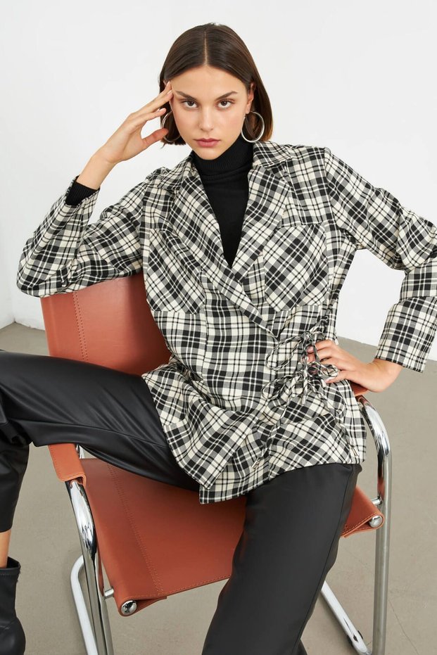 Black Double-breasted Unlined Pocket Tied Plaid Jacket