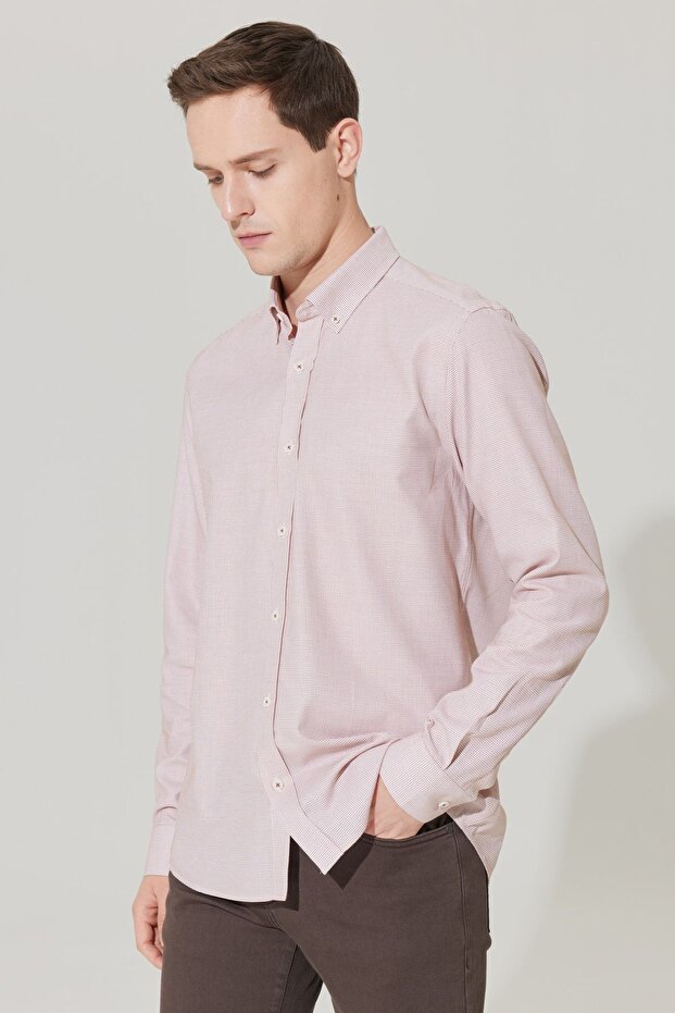 Erkek Beyaz-kiremit Slim Fit Dar Kesim Düğmeli Yaka Armürlü Gömlek - 3