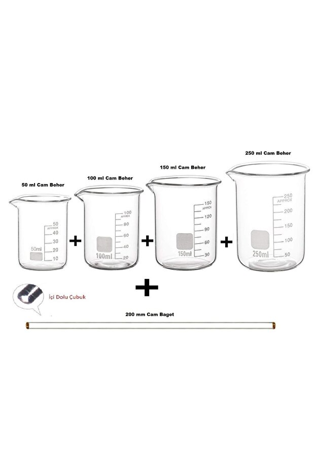 Cam Beher Seti 5 Parça, (1'er Adet 50ml, 100ml, 150ml, 250ml CAM BEHER ve 200mm CAM BAGET) - 1
