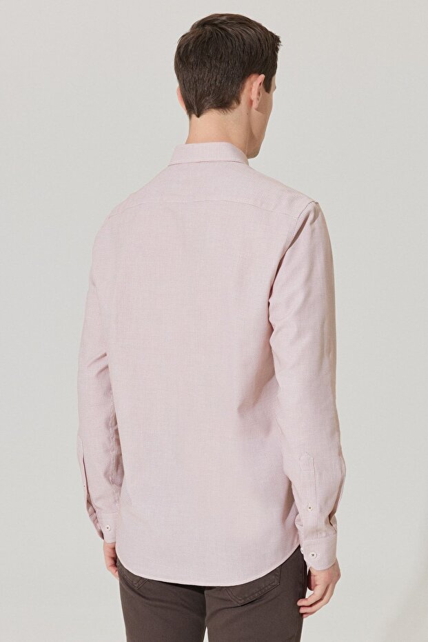 Erkek Beyaz-kiremit Slim Fit Dar Kesim Düğmeli Yaka Armürlü Gömlek - 6