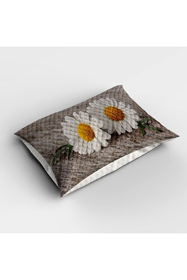 Sarı Gri Papatya  Desenli Baskılı Dekoratif Yatak Örtüsü Tek Kişilik Yastıklı Pike Takımı - 3