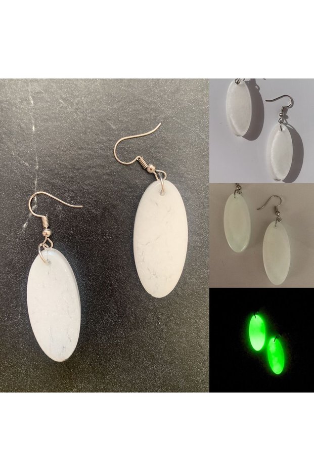 Oval Shaped White Colored Marbled Night Green Neon Shiny Earrings Epoxy Handmade Gift