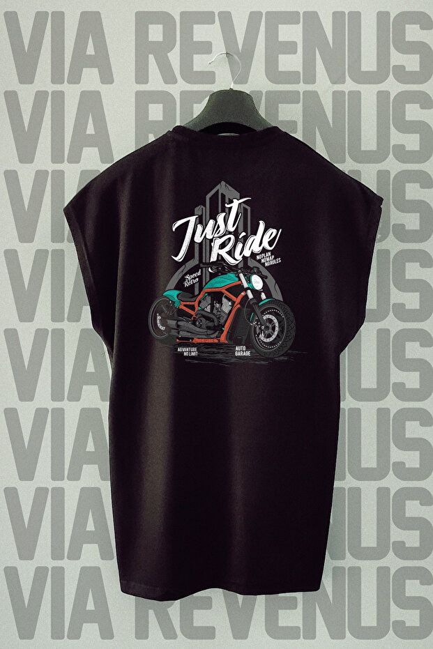Just Ride - Biker Back Printed Zero Sleeve Black Sports Tshirt