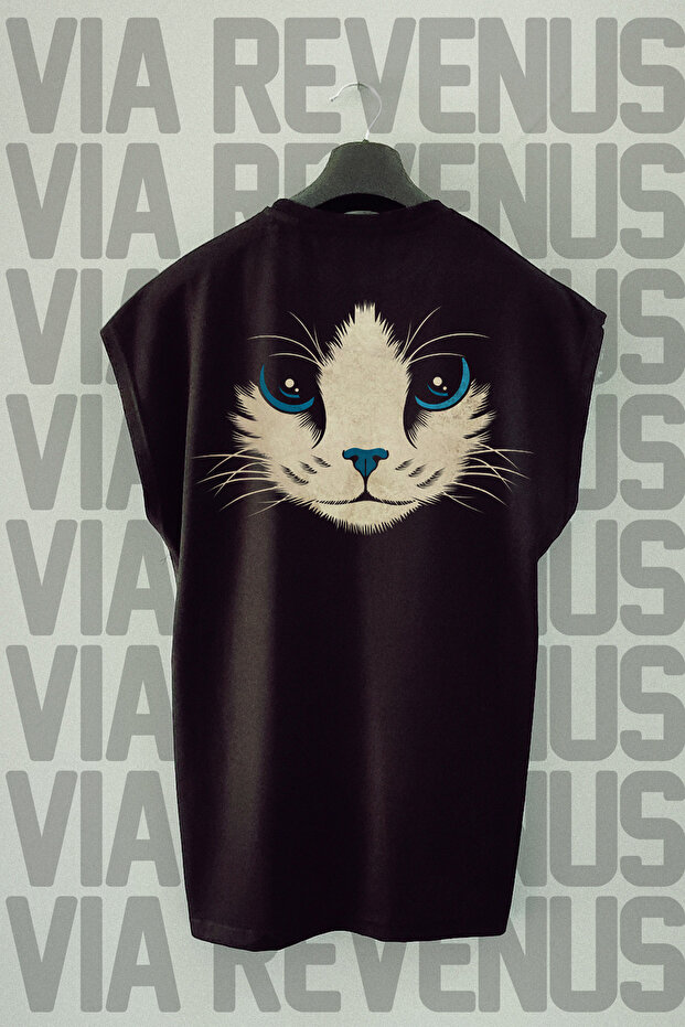 Cat Back Printed Sleeveless Black Sport T-shirt