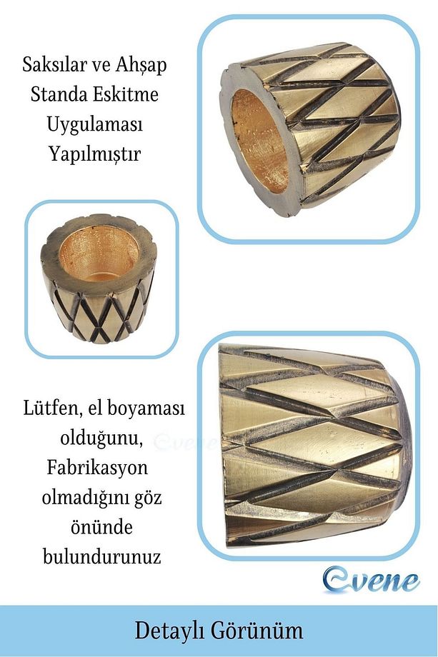 Ahşap Ayaklı Beton Saksı Büyük Boy Set 3 Adet Altın Varak Boyalı Eskitmeli Model 7 - 3