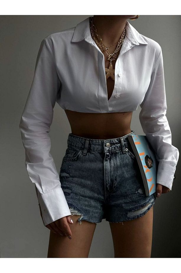 Kadın Yüksek Bel Lazer Kesim Önü Yırtık Detaylı Kot Şort Jean Denim Şort - 4
