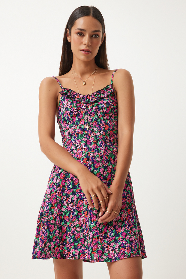 Women's Pink Green Print Strap Textured Knitted Dress Fn03193