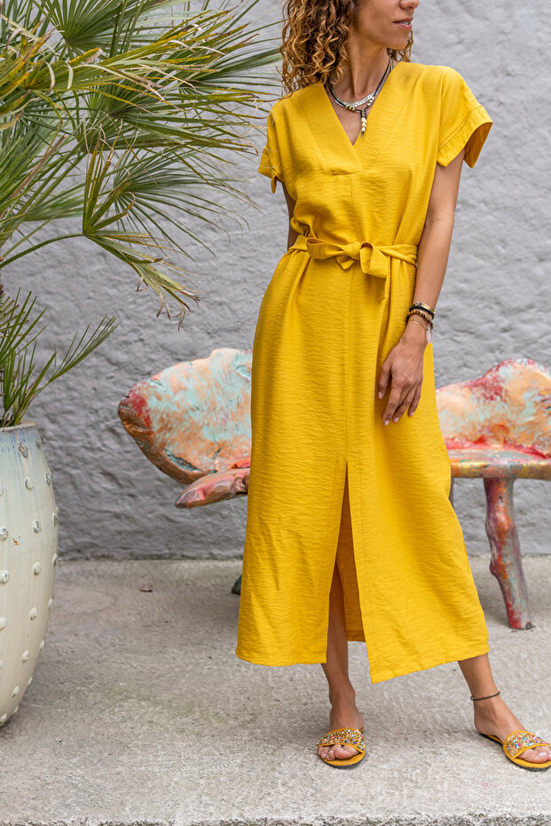 Women's Yellow Linen Front Slit Self-Belt Long Dress Bst3221