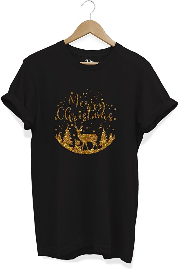 New Year's Deer Gold Design Printed 100% Cotton Premium Black T-Shirt