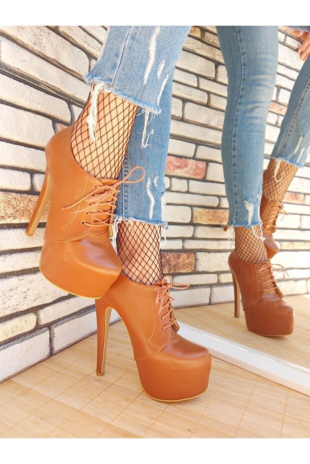 Hare Bağcıklı Taba Cilt Yüksek Topuklu Kadın Bot - 4