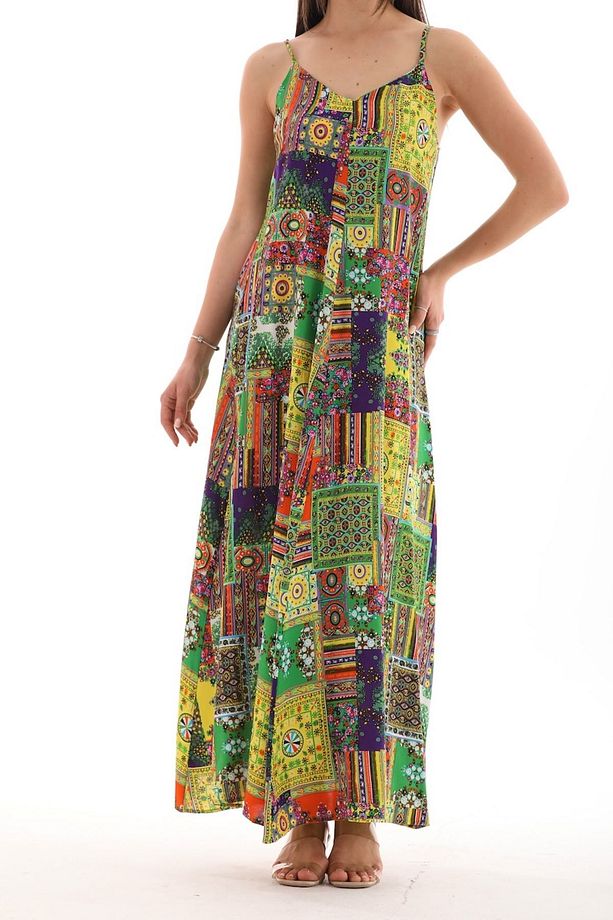 Patchwork Düz Askılı Viskon Elbise - 7