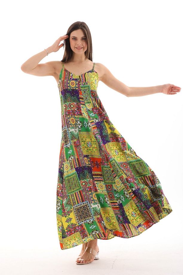 Patchwork Düz Askılı Viskon Elbise - 4