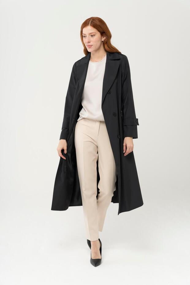 Zipper Pocket Epaulette Detailed Trench Coat Black 4283 - 4